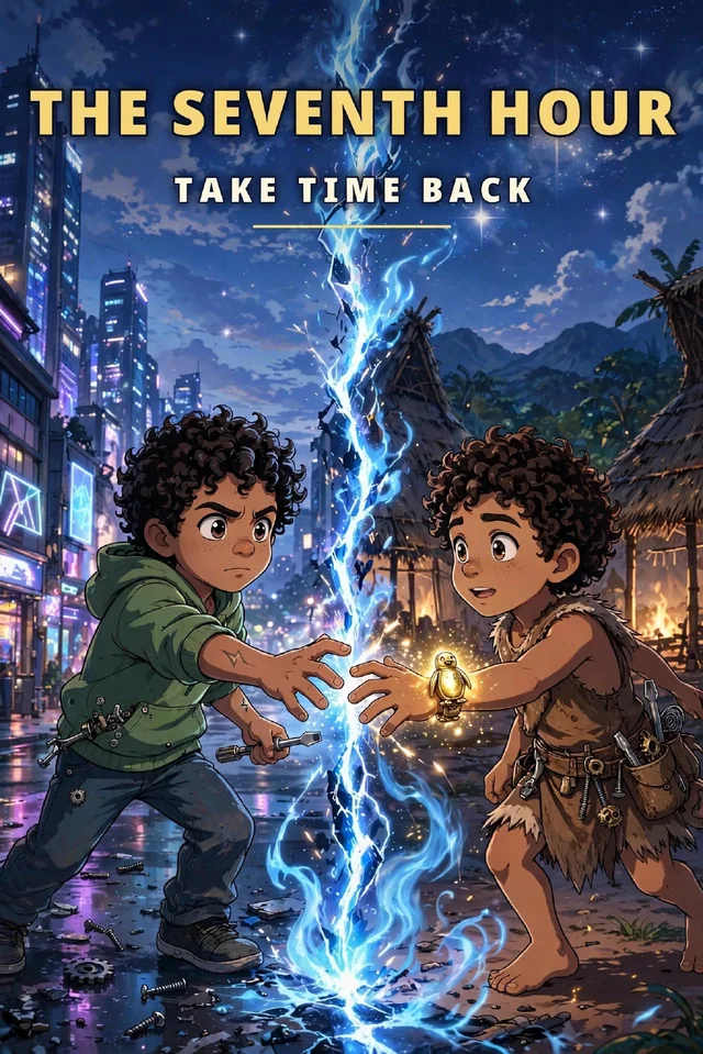 Book 1 cover — The Pawn Shop Penguin: the two Elis reaching across the blue rift