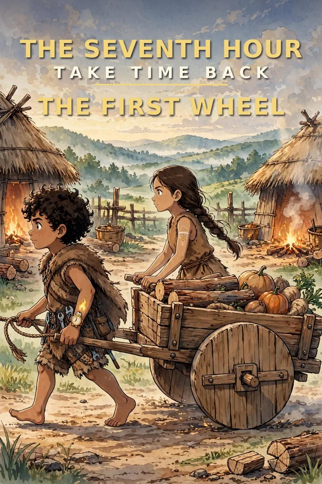 Book 2 cover — The First Wheel: Eli pulling the plank-wheeled cart, Aya pushing, in the village