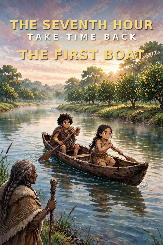 Book 3 cover — The First Boat: the dugout canoe crossing the river at first light