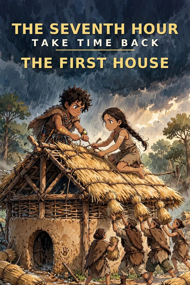 Book 4 cover — The First House: Eli and Aya lashing the last thatch course as the storm rolls in
