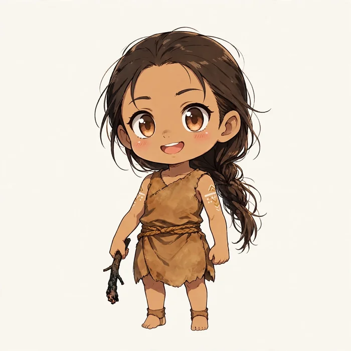 Chibi Aya — long braid, hide dress, holding a fire-blackened stick, smiling