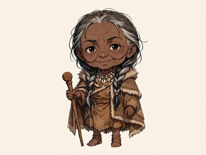 Chibi Elder Orra — grey braids, shell necklaces, carved staff, warm smile