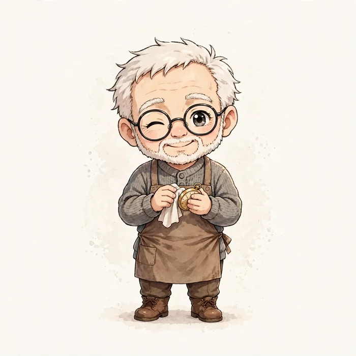 Chibi Mr. Riggs — white hair, round glasses, brown apron, polishing a pocket watch, winking