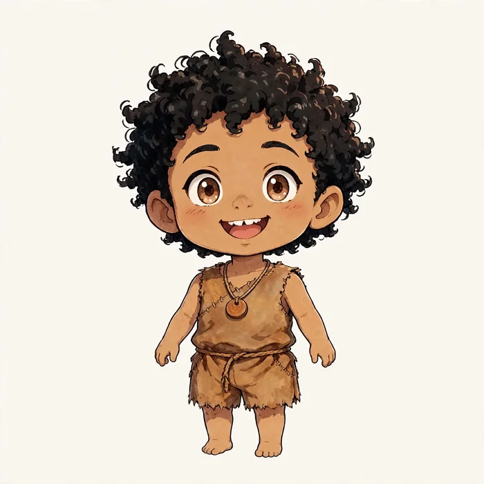 Chibi Nilo — big curly hair, round pendant, huge grin