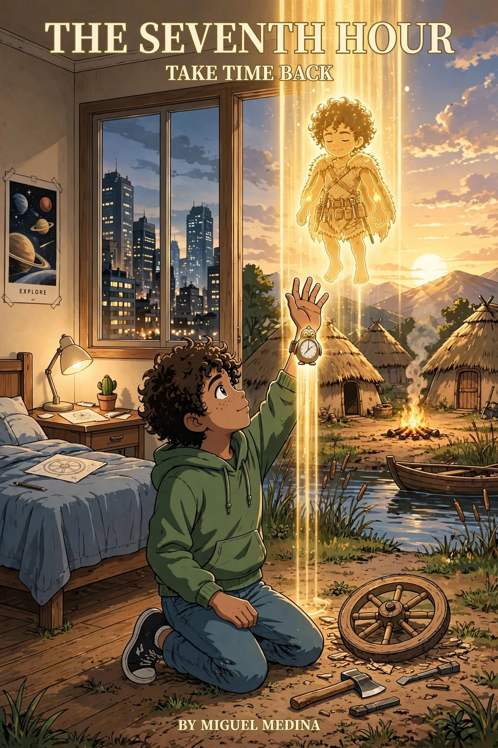 The Seventh Hour: Take Time Back — official series cover: Eli in his room reaching toward his First-Age self in golden light, the penguin watch on his wrist, the village, river boat, fire and wheel below — By Miguel Medina