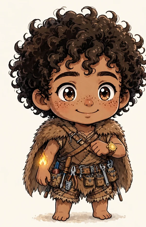 Chibi Eli in his First-Age avatar — fur cloak, tool belt, bare feet — with the brass penguin watch on his left wrist